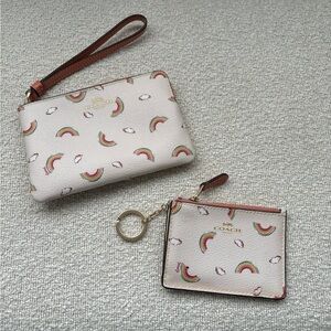 Coach Cream Wristlet and Mini ID Case Set with Rainbow Print